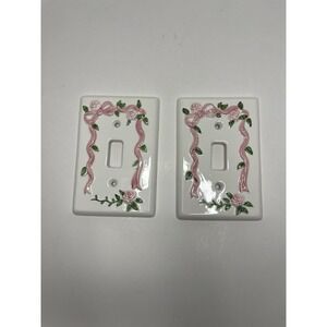 Vintage Pink Floral And Ribbon Porcelain Light Switch Plate Lot Of 2